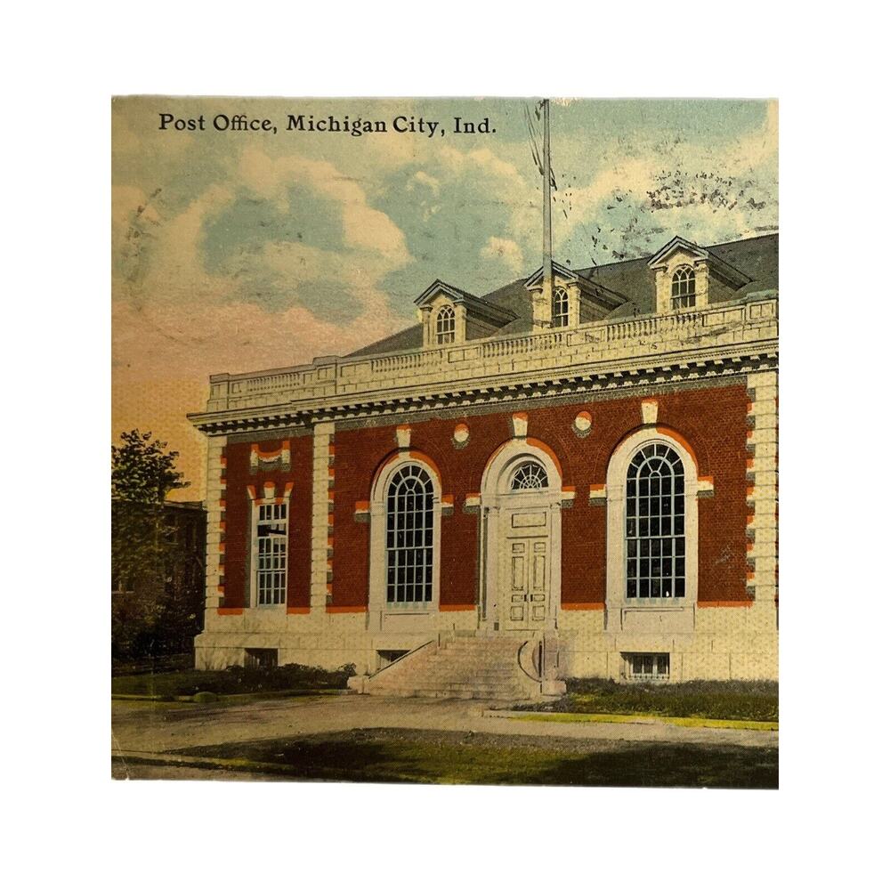 Antique 1911 Ephemera Lithograph Postcard US Post Office Michigan City IN Posted